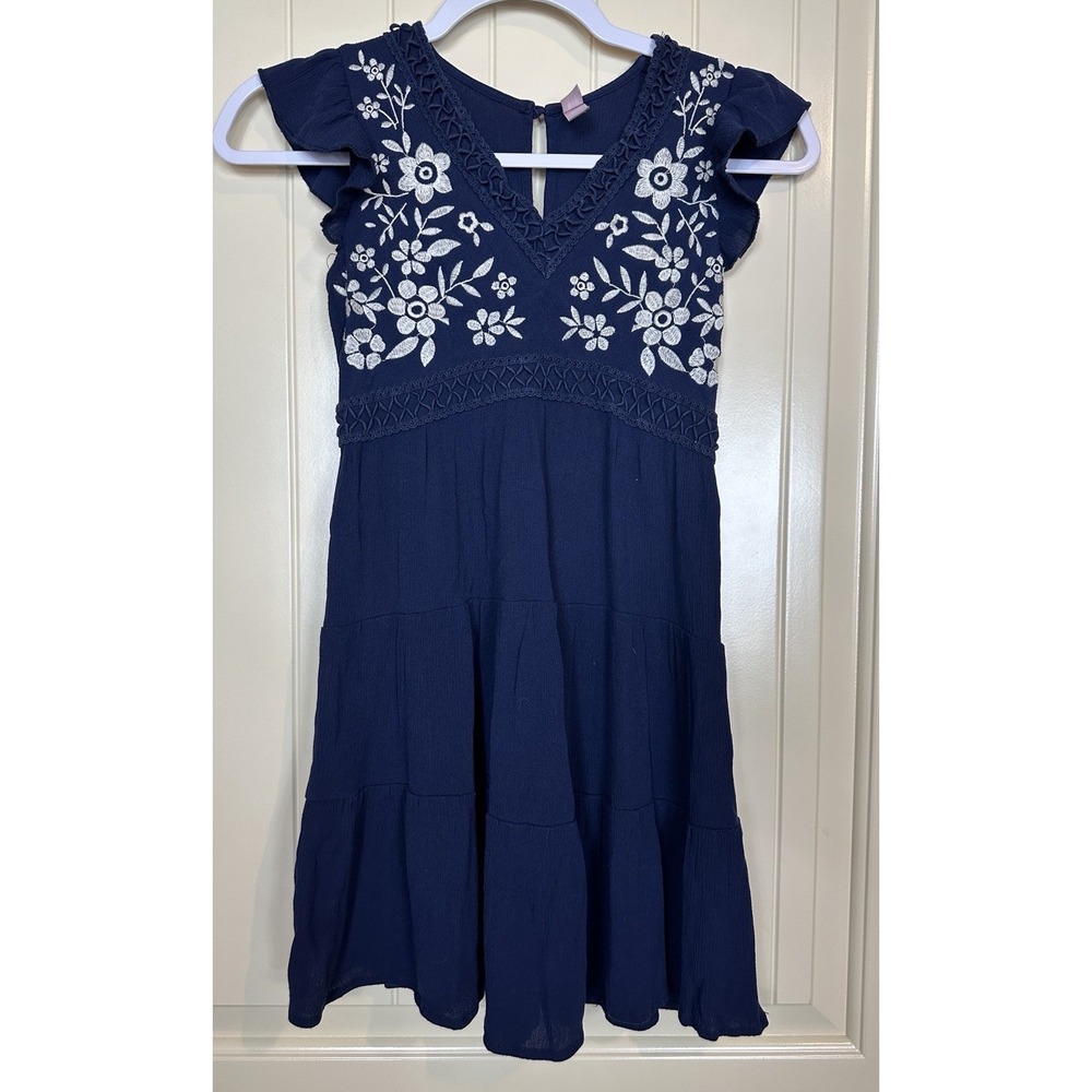 Franki Francesca's Girls Dress Sz 12 Navy Blue‎ Floral Embroidered Flowy Boho